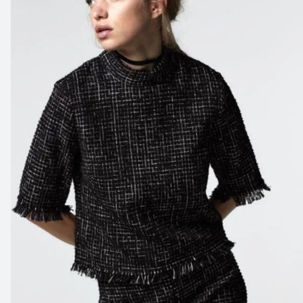 Zara Tweed Top Mock Neck Fringed Hem Cropped Black White Career XS